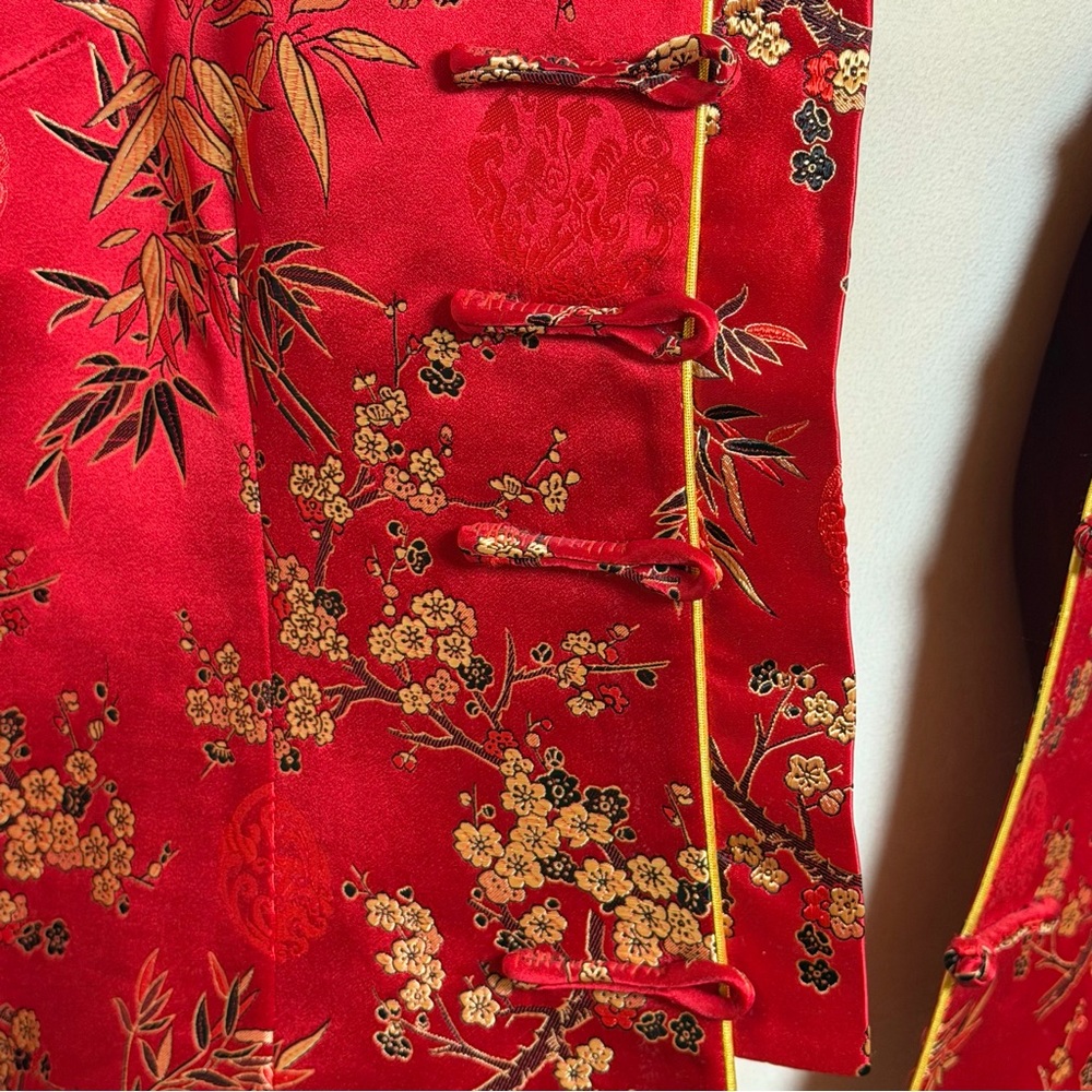 Asian Silk Red Gold Floral Women’s Jacket Blazer Size XXL Frog Button Closure - Picture 9 of 16